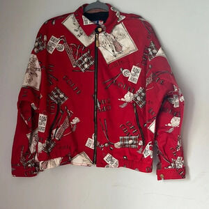 Vintage TAIL Red Scotland St Andrew Golf Print Zip Front Cotton Jacket